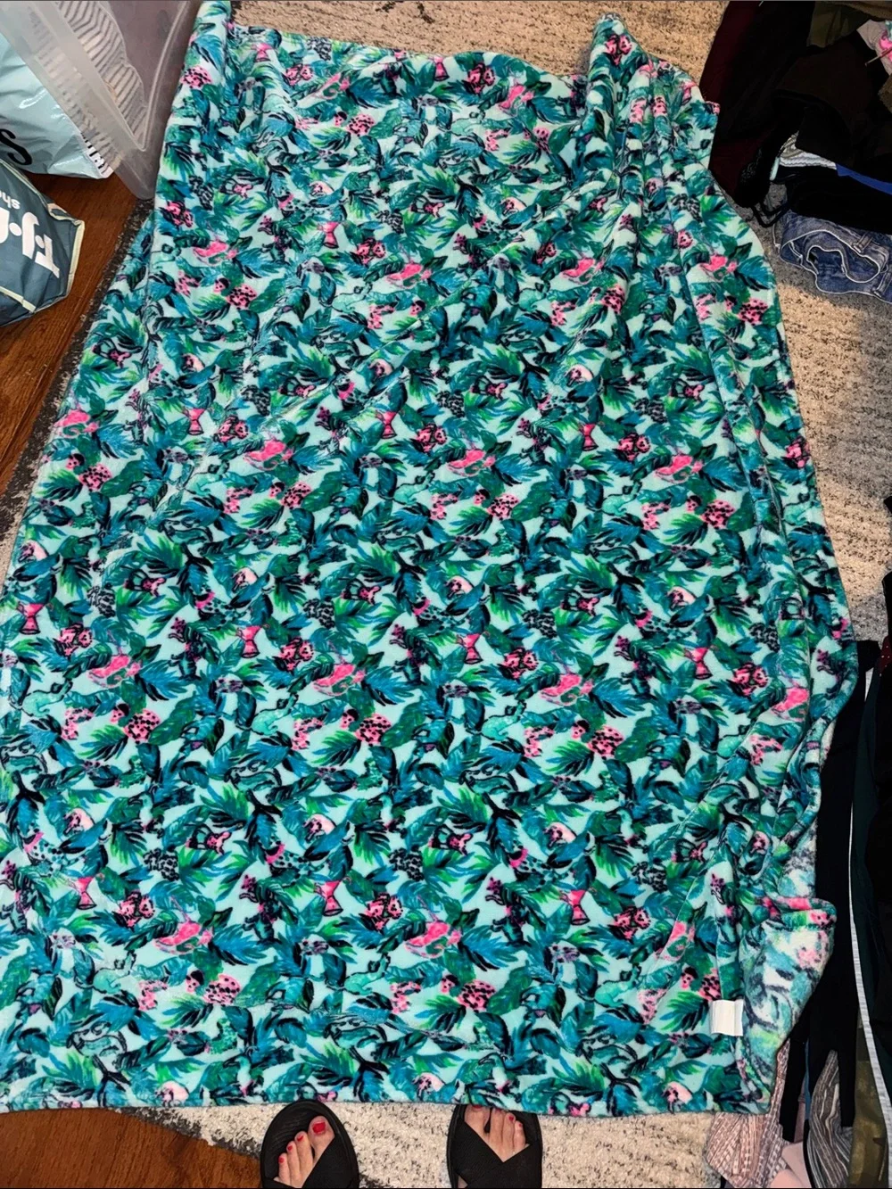 Lilly Pulitzer Teal and Pink Tropical Leaf Plush Throw